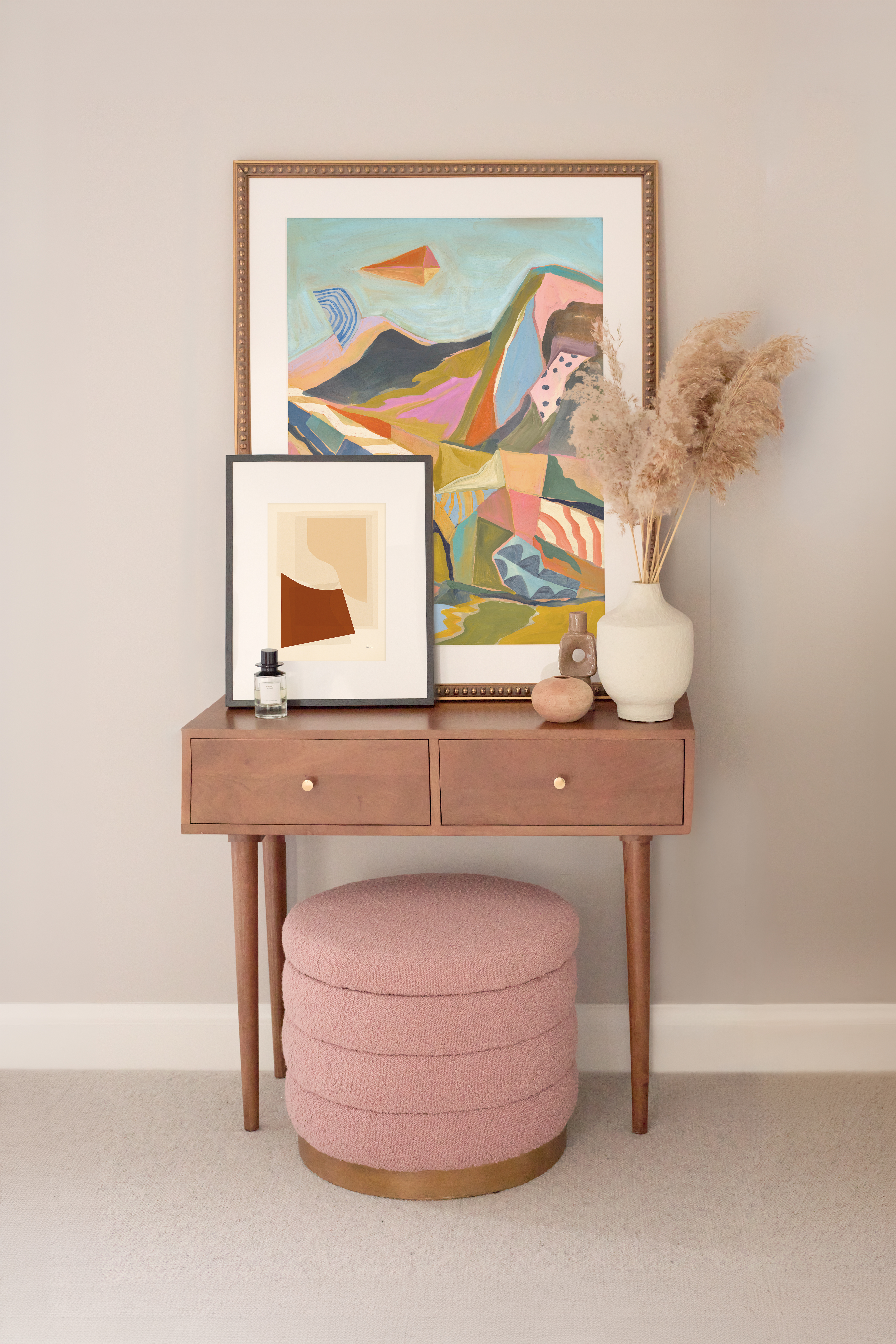 Art included: Abstract Forms no. 40 by Karolina Szekely, Blue Midcentury Modern Mountain by Eleanor Baker