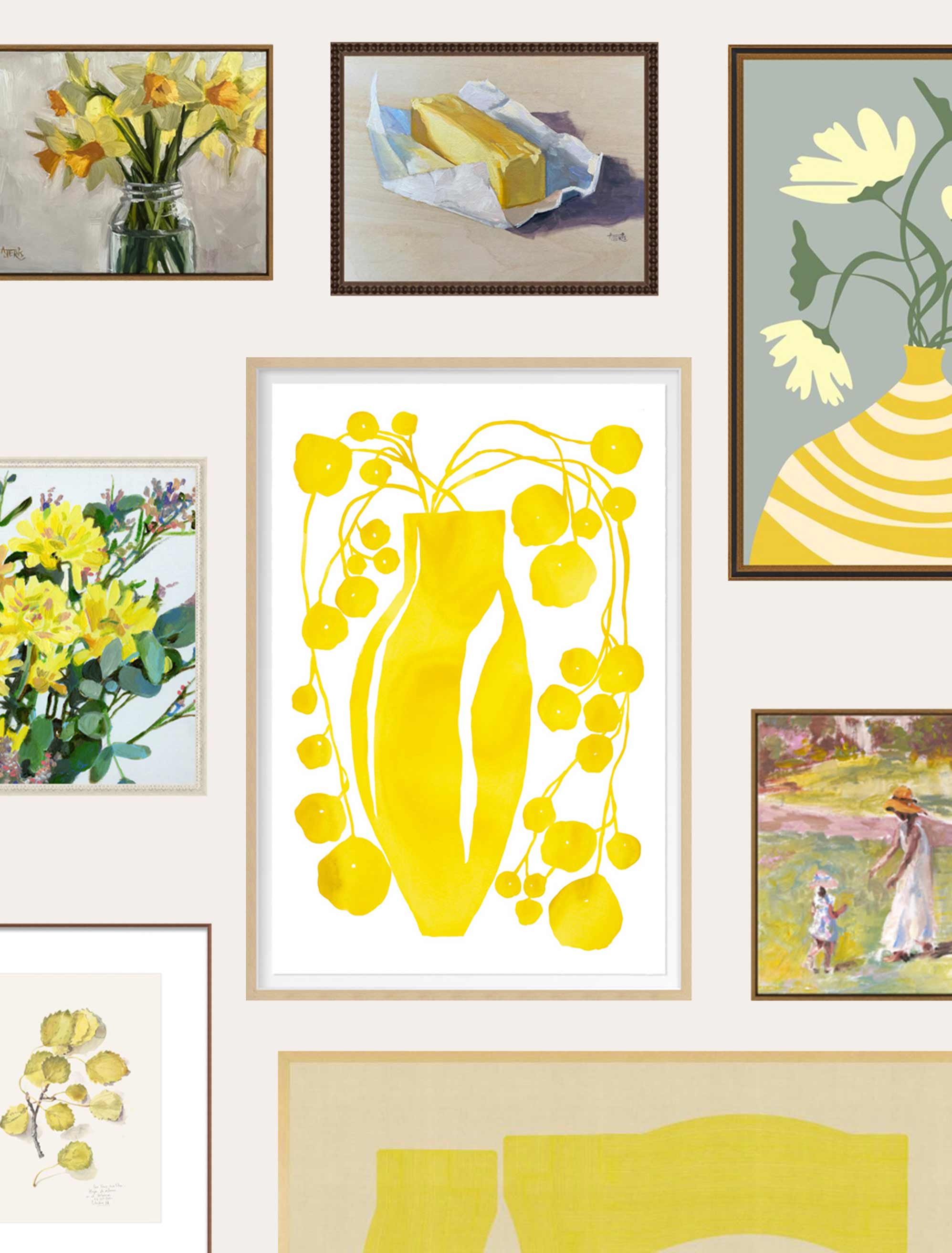 Stunning examples of various art prints with the domination of a butter yellow color.