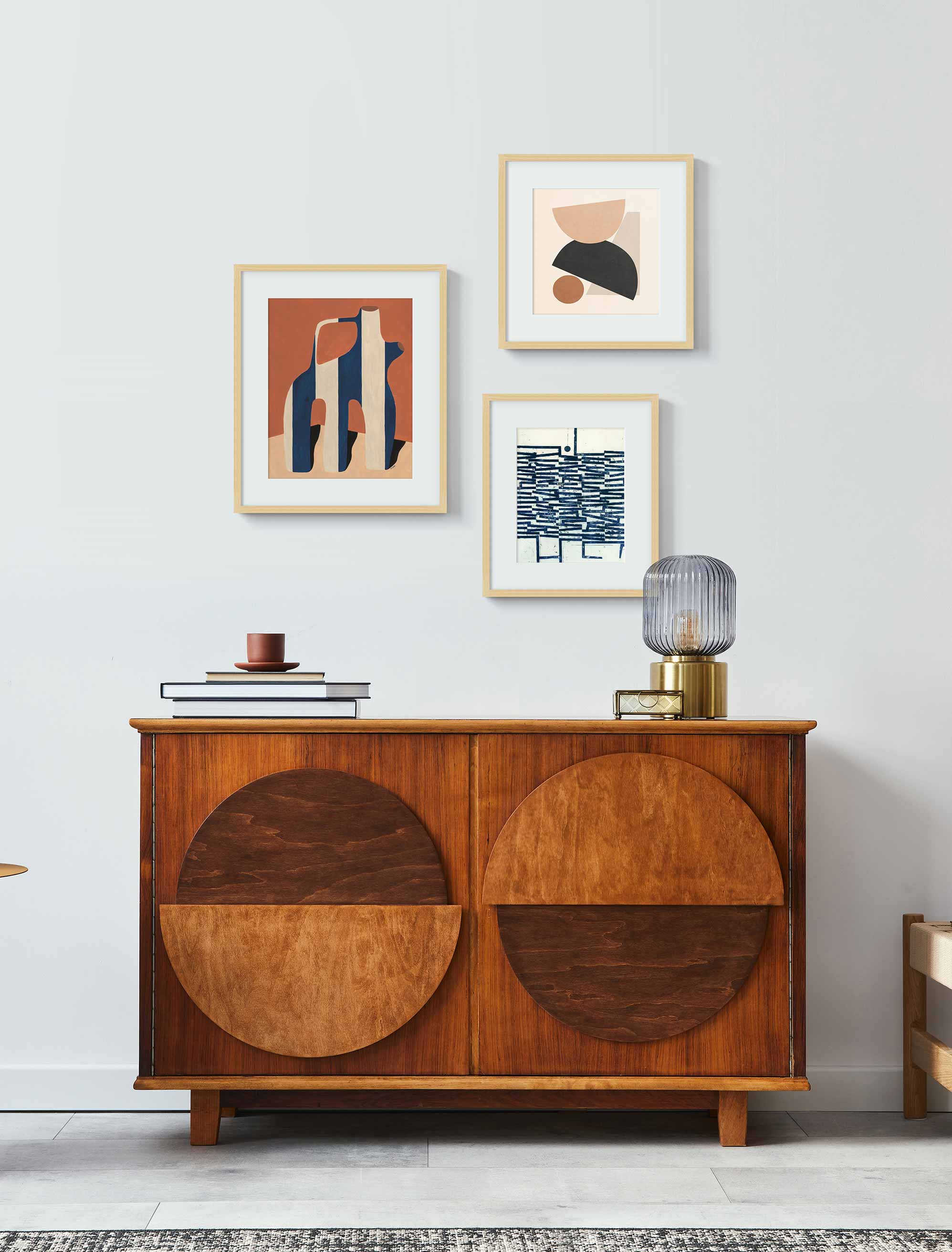 An example of 2/3 wall art placement in a modern living room.