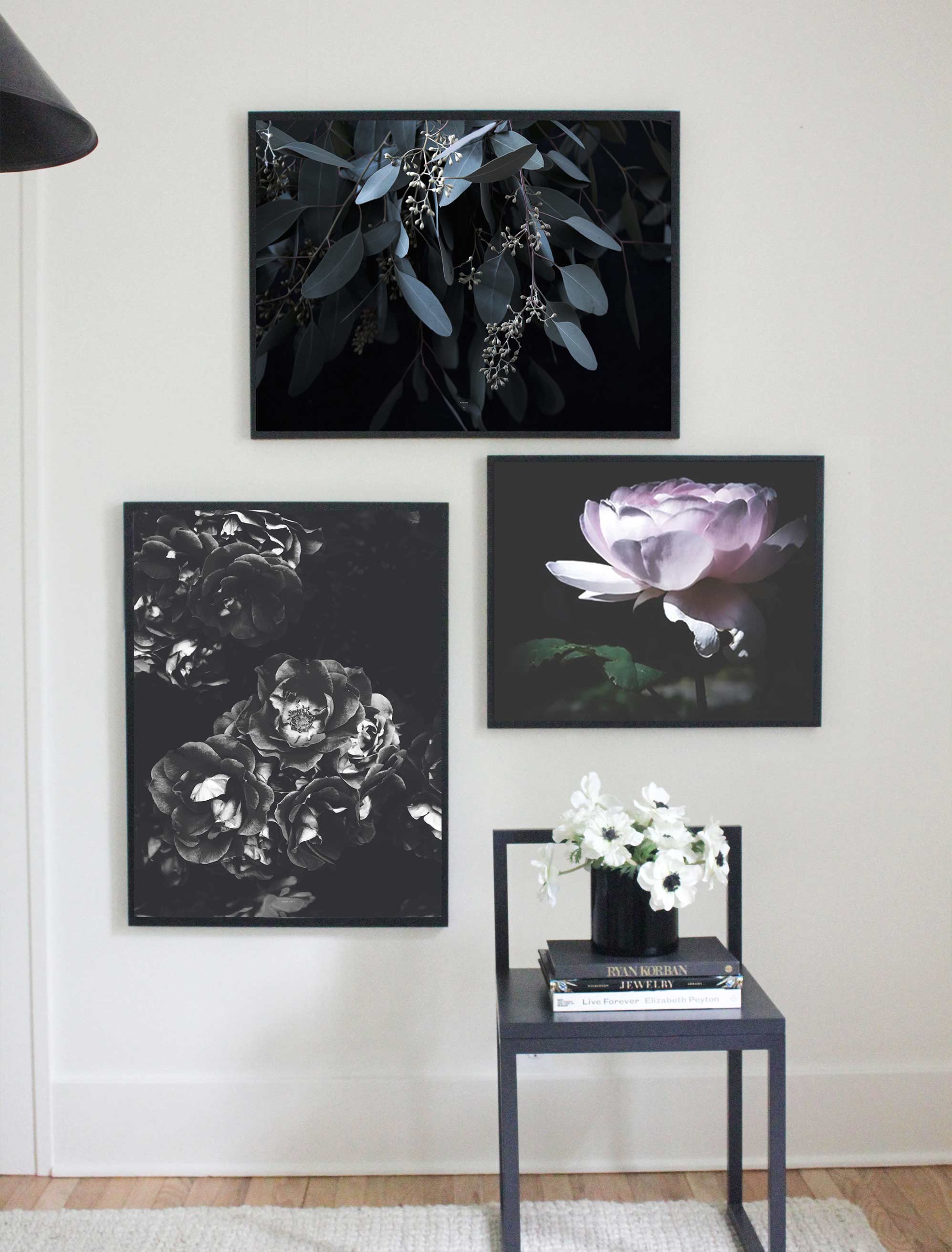 Mixing black-and-white and colored photo art prints, makes a dramatic statement.