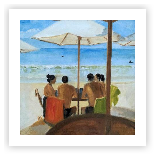 Four people enjoying a meal by the ocean by Anne Campbell Brown on