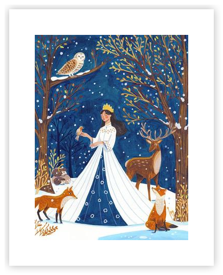 Winter queen with animals in the forest in the snow by Caroline