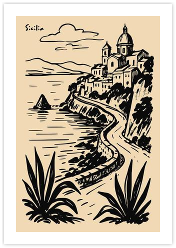 Sicily Coastal Travel Poster by Edith Kurc - Wild Fever Studio on