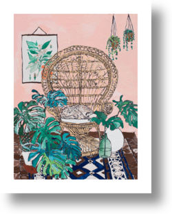 Napping Cat in Rattan Chair on Pink by Lara Lee Meintjes on