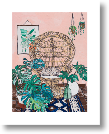 Napping Cat in Rattan Chair on Pink by Lara Lee Meintjes on