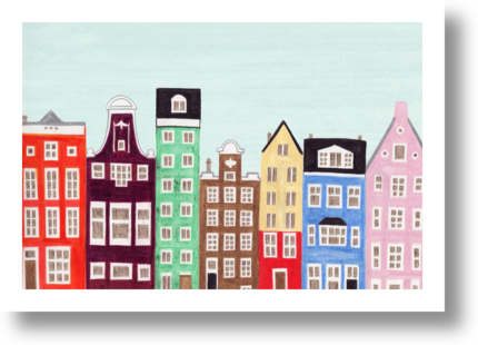 Amsterdam, Netherlands, Holland Row Houses Colorful Illustration