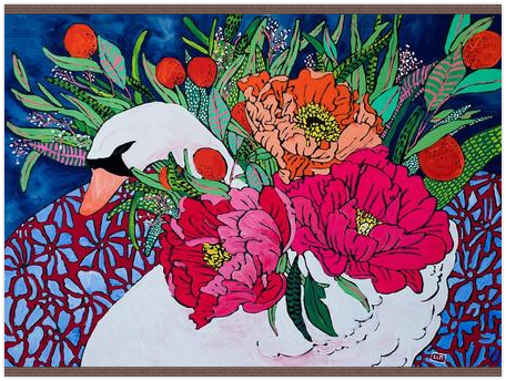 Maximalist Peony and Citrus Bouquet Filled Swan Planter Tapestry