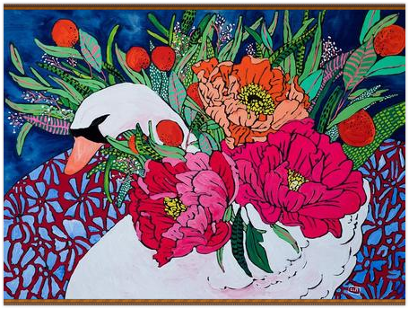 Maximalist Peony and Citrus Bouquet Filled Swan Planter Tapestry