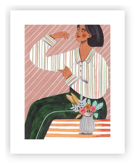Woman in stripes bright colours listen to music by Caroline Bonne
