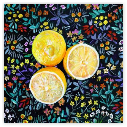 Lemons on a black floral background by Tali Yalonetzki on Artfully