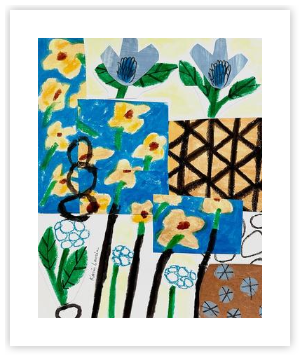 Yellow Floral on Blue Abstract Collage – Modern Botanical Art