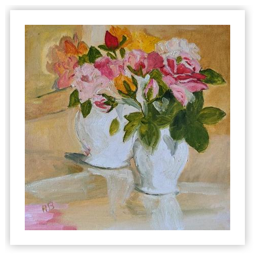 Pink roses in two white jugs by Anne Campbell Brown on Artfully