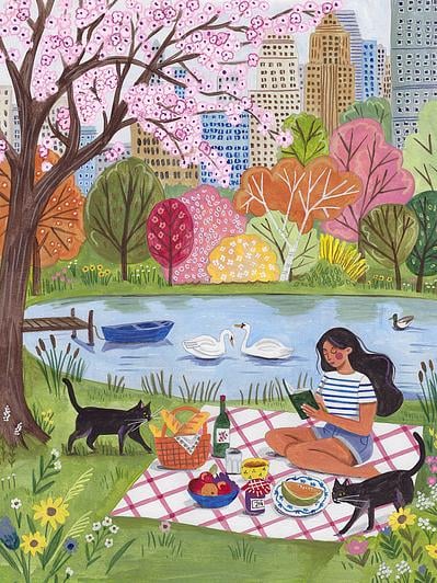 Spring Picnic in the City Park – Whimsical Nature Illustration by