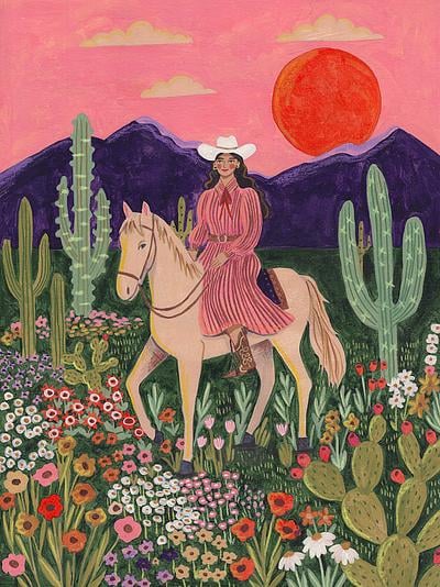 Desert Cowgirl at Sunset – Whimsical Western Illustration by